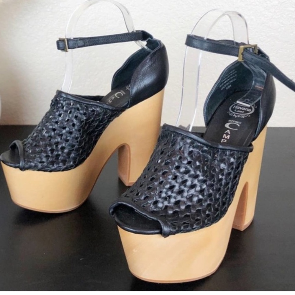 New - JEFFREY CAMPBELL - Black Woven Leather Platform Sandals, 9.5